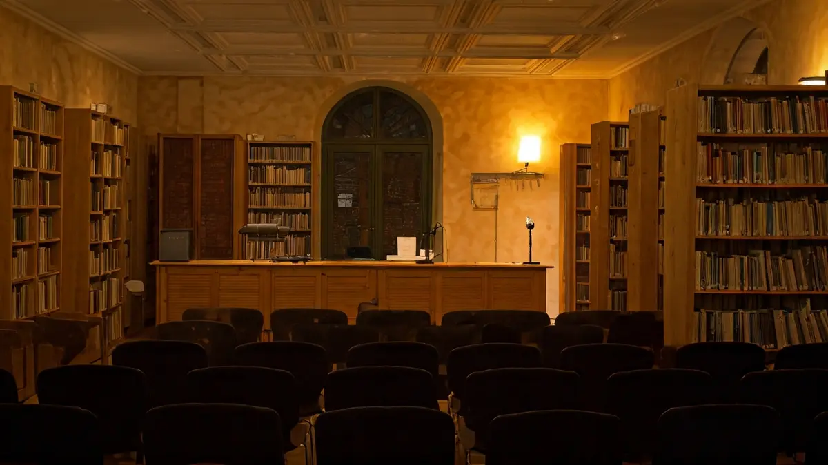 Imagen genérica de una sala de exposiciones o biblioteca con un micrófono y sillas vacías.