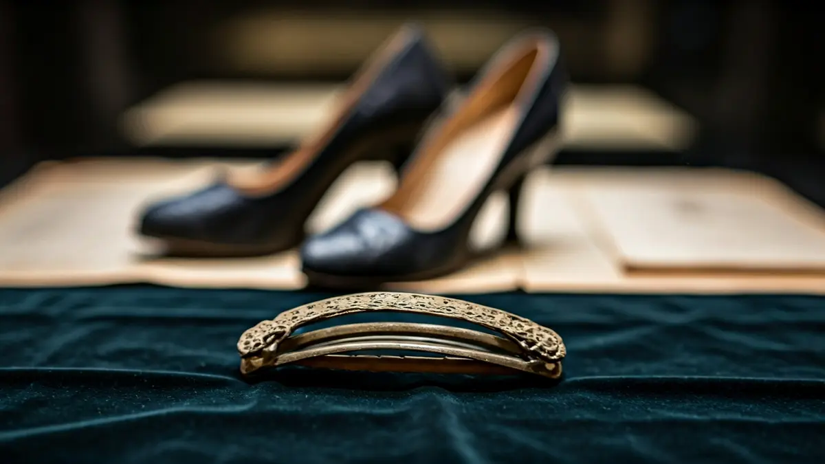 Image of personal items recovered from mass graves, such as a hair clip and a high-heeled shoe.