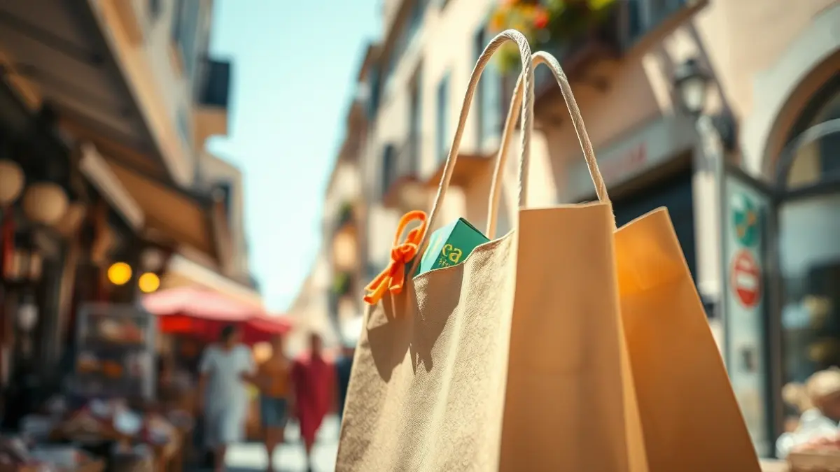 Imagen genérica de una bolsa de compra con un regalo, en un ambiente de comercio local.