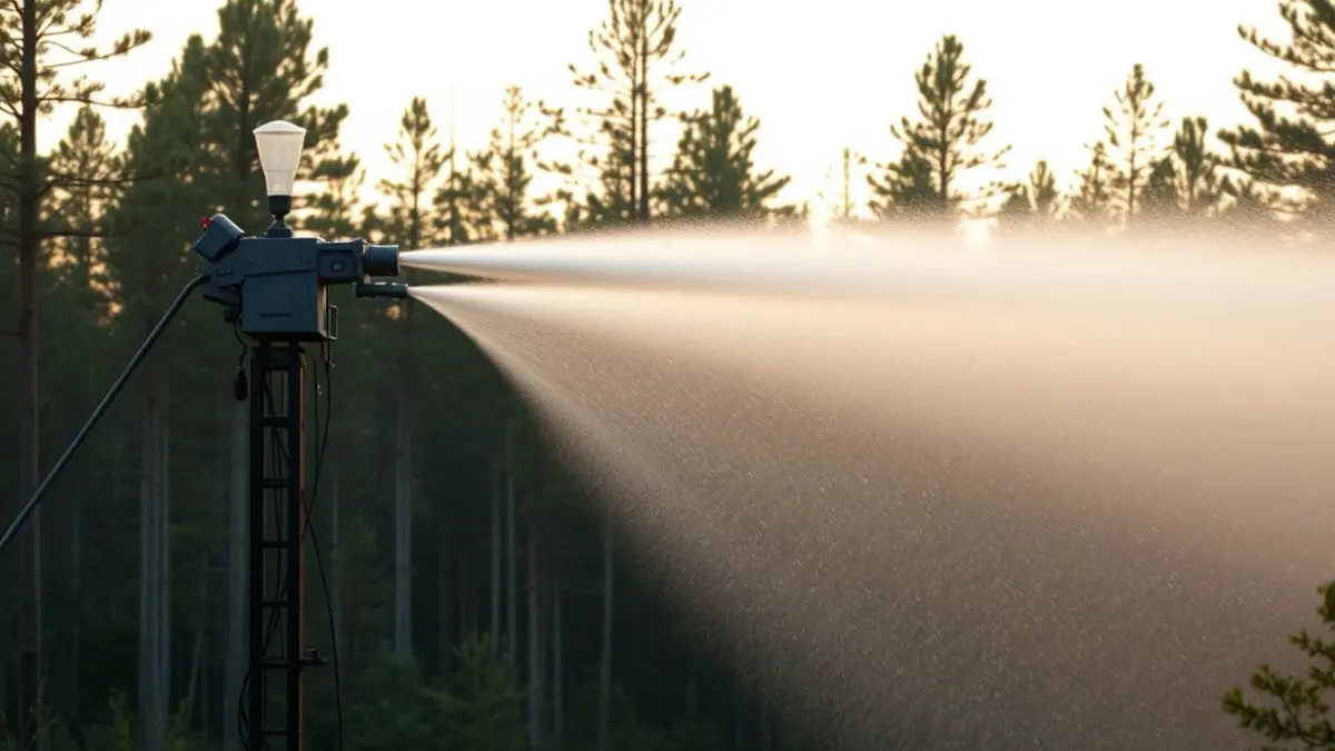 High-pressure water cannons on tall towers in a forest environment, creating a green firebreak.