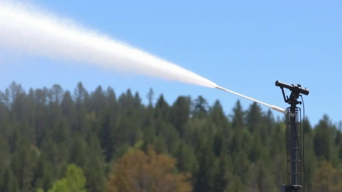 Imagen de un cañón de agua a alta presión rociando agua sobre una zona forestal como medida preventiva contra incendios.