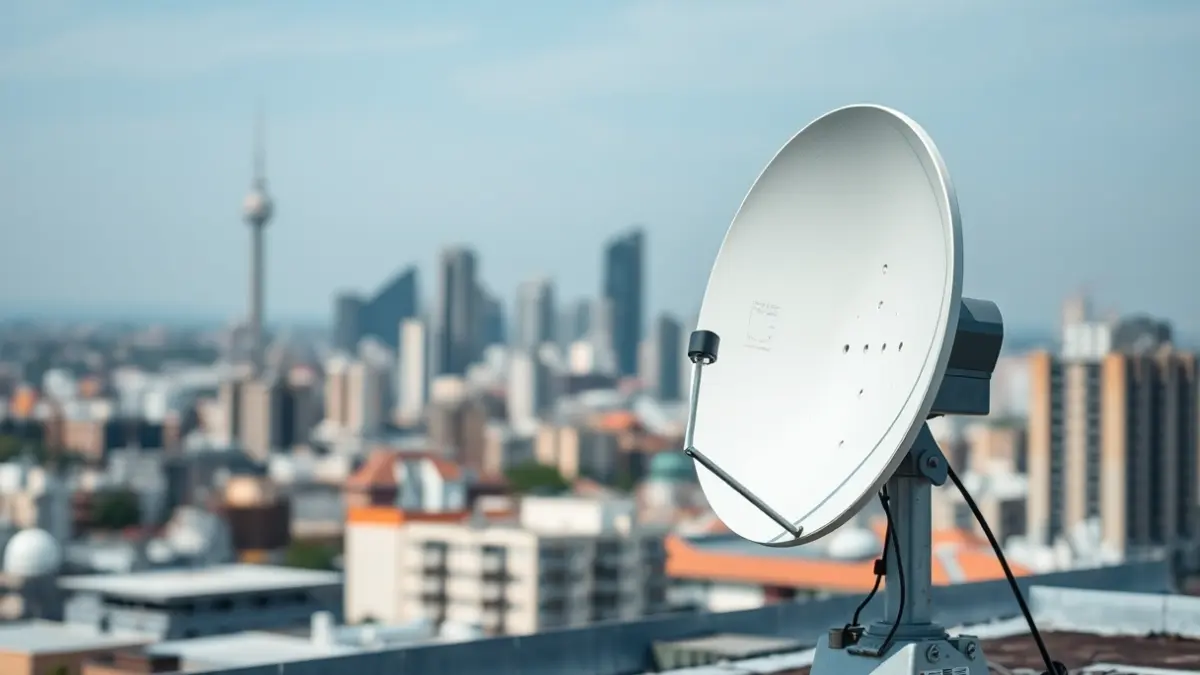 Imagen genérica de una antena satelital en una azotea, con una ciudad borrosa al fondo, simbolizando la comunicación avanzada y la seguridad urbana.