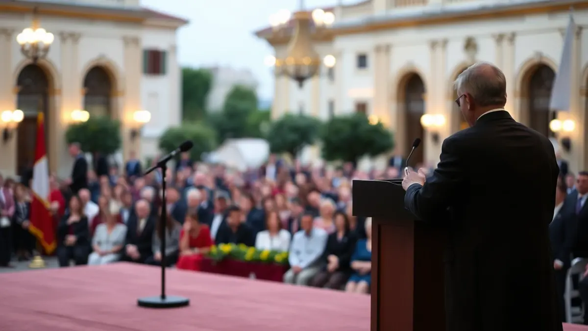 Imatge genèrica d'un escenari formal amb un micròfon i un podi, il·luminació elegant i una audiència difuminada al fons, suggerint un esdeveniment institucional.