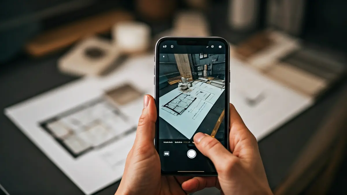 Imatge genèrica d'una mà sostenint un telèfon amb dissenys d'interiors.
