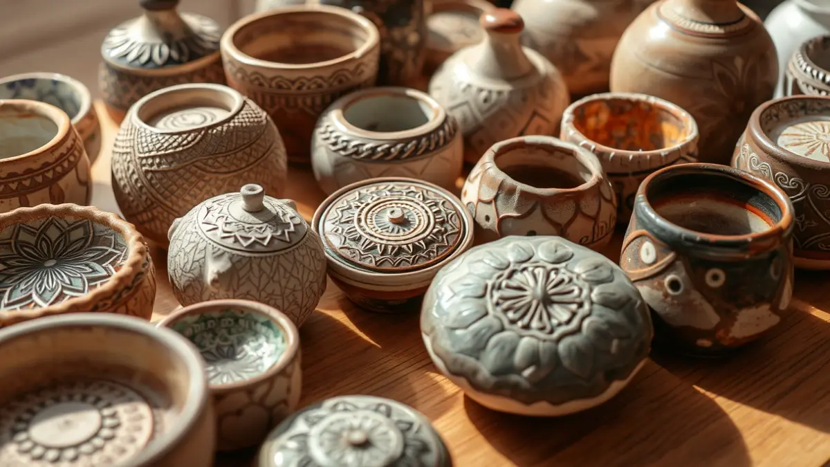 Generic image of ceramic pieces with intricate designs, some glazed and some unglazed, arranged on a wooden surface.