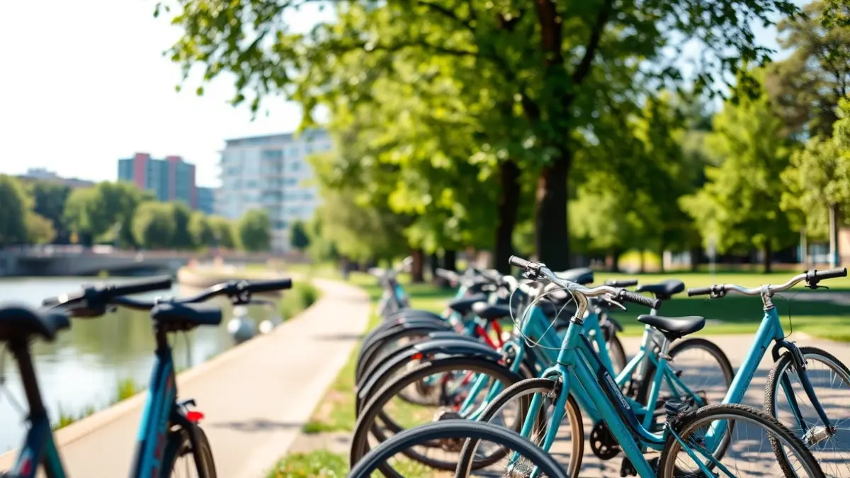 Imatge genèrica de bicicletes aparcades prop d'un riu, amb vegetació i un edifici modern al fons, en un dia assolellat.