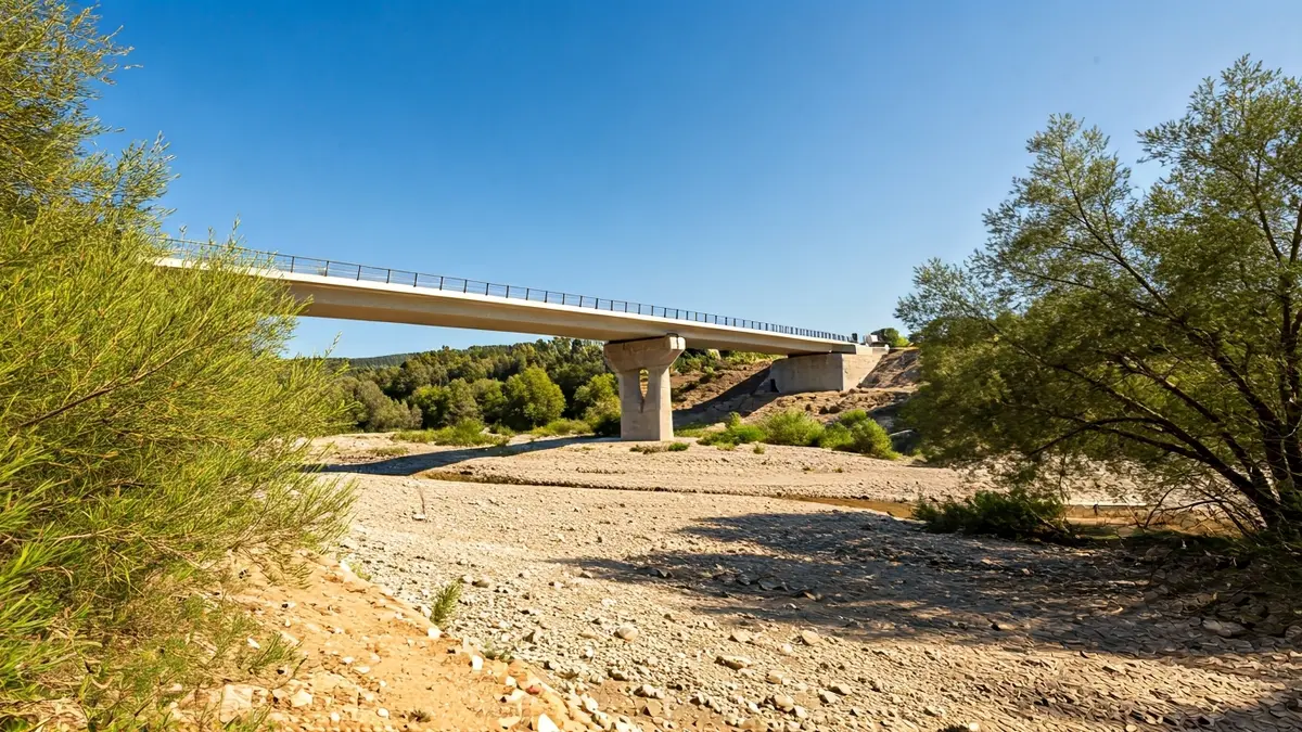 Imatge d'un pont recentment reconstruït sobre un barranc sec, amb un disseny modern i un cel clar.
