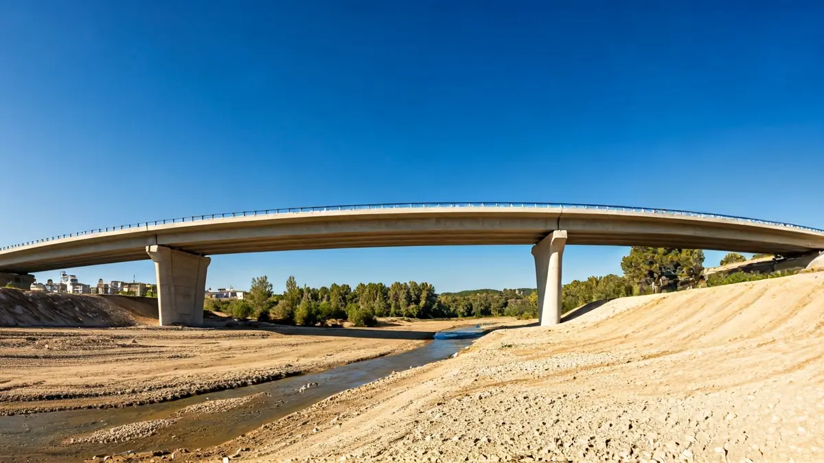 Imagen de un puente reconstruido sobre un barranco seco, con estructuras de hormigón modernas.