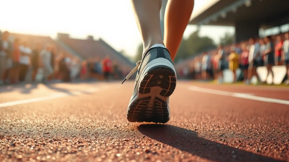 Generic image of a running shoe on an athletic track, with a blurred crowd in the background.