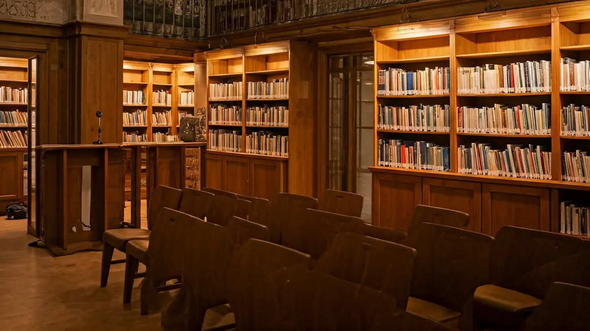 Imatge genèrica d'una sala de conferències o biblioteca amb un micròfon i cadires buides, il·luminada càlidament.