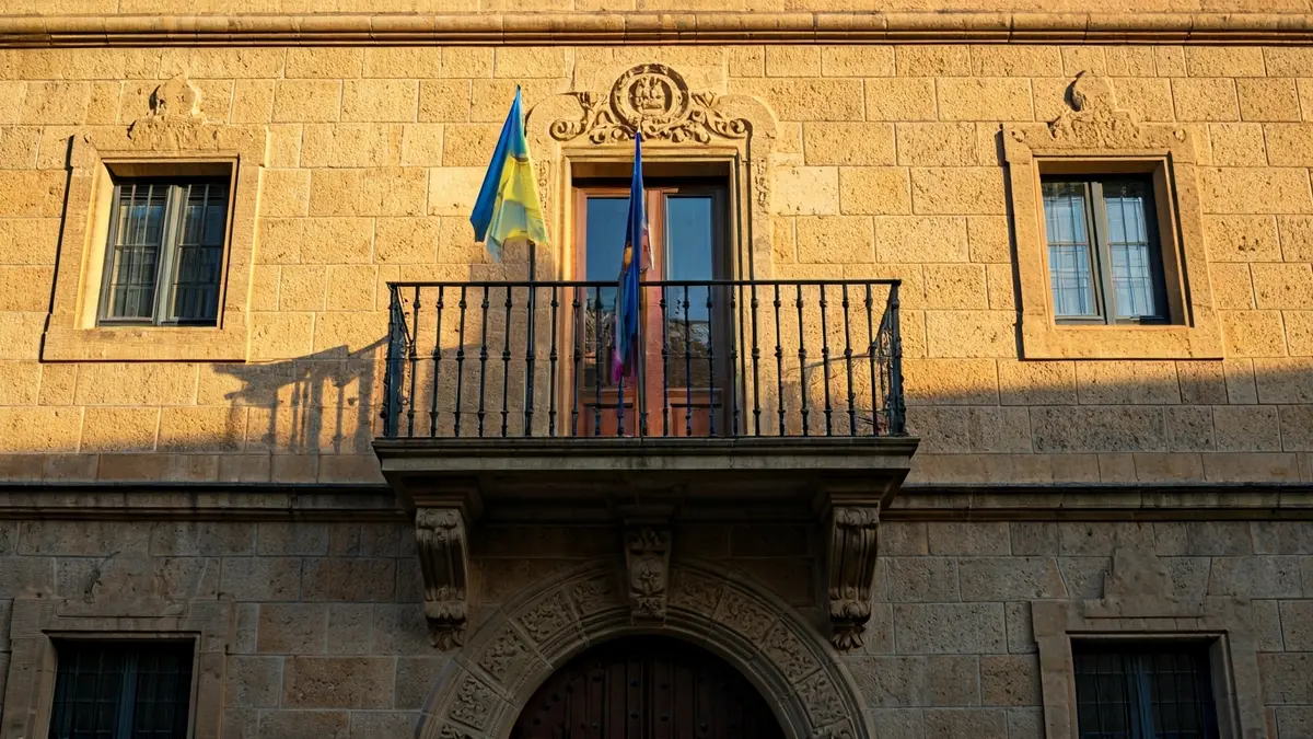 Facade of Alcalà de Xivert town hall with wrought iron balcony and afternoon sunlight.