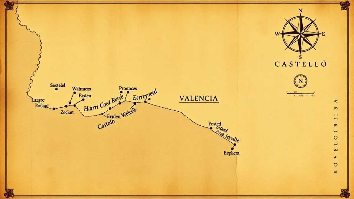 Imagen de un mapa histórico de la costa valenciana, con símbolos navales antiguos.
