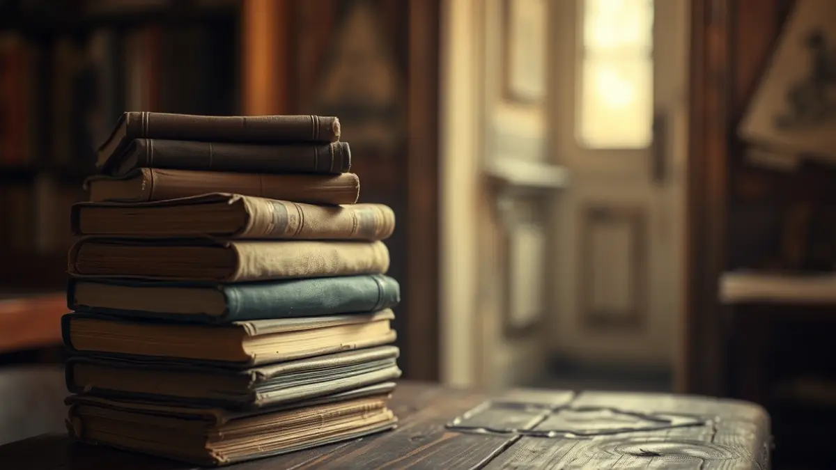 Imagen genérica de una pila de libros antiguos sobre una mesa de madera, con una puerta entreabierta al fondo, sugiriendo misterio y lugares olvidados.