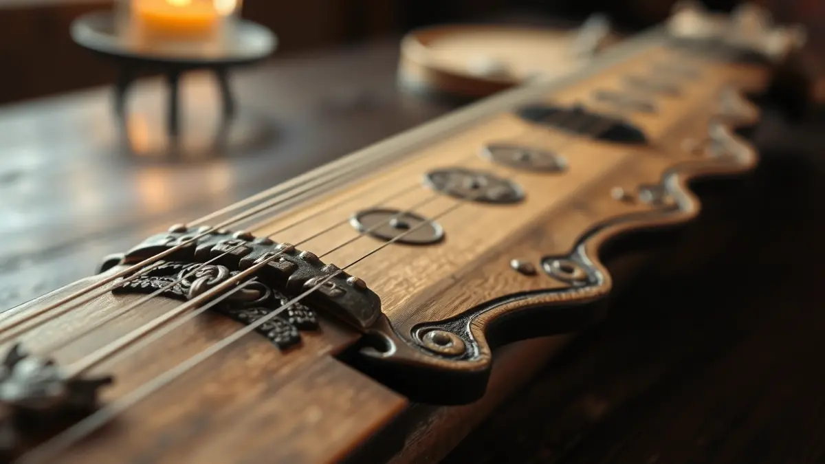 Imatge genèrica d'un instrument musical medieval, com un llaüt o un ud, amb detalls tallats.