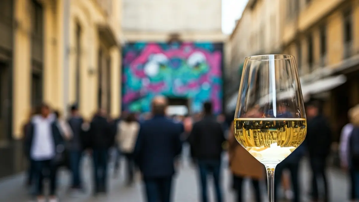 Image of a natural wine glass with a hip-hop style graffiti background.