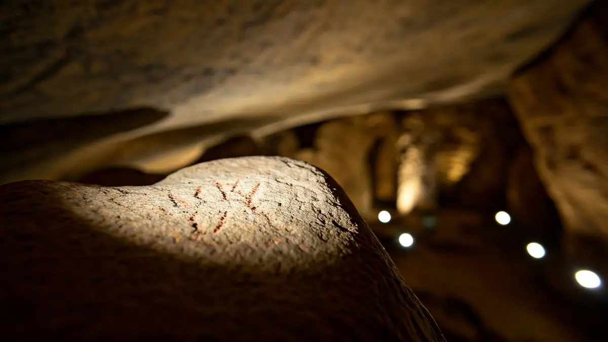 Imagen de arte rupestre en una cueva, con iluminación suave.