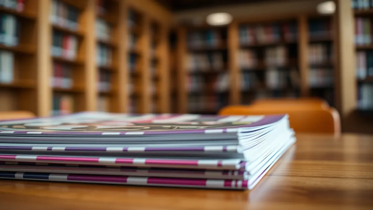 Imatge genèrica d'una pila de revistes amb una coberta de disseny porpra, en una biblioteca.