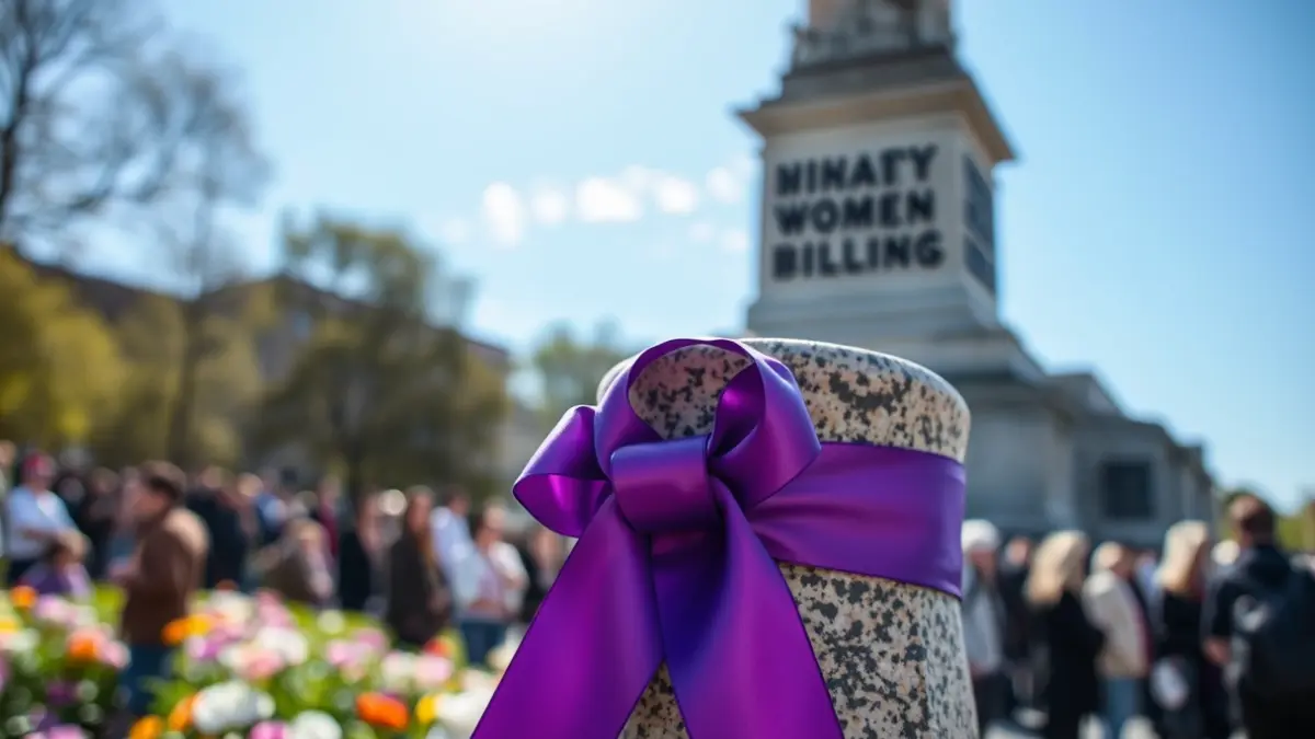 Imatge d'una cinta morada en un monument, simbolitzant la memòria republicana i els drets de les dones.