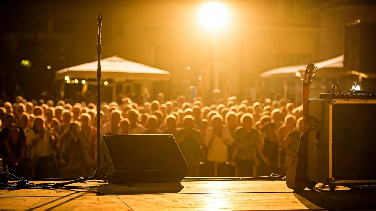 Imagen genérica de un escenario de concierto con un micrófono y una guitarra.