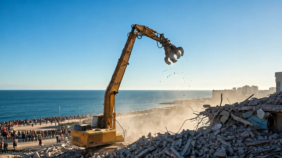 Imatge de maquinària de demolició enderrocant un edifici a la costa.
