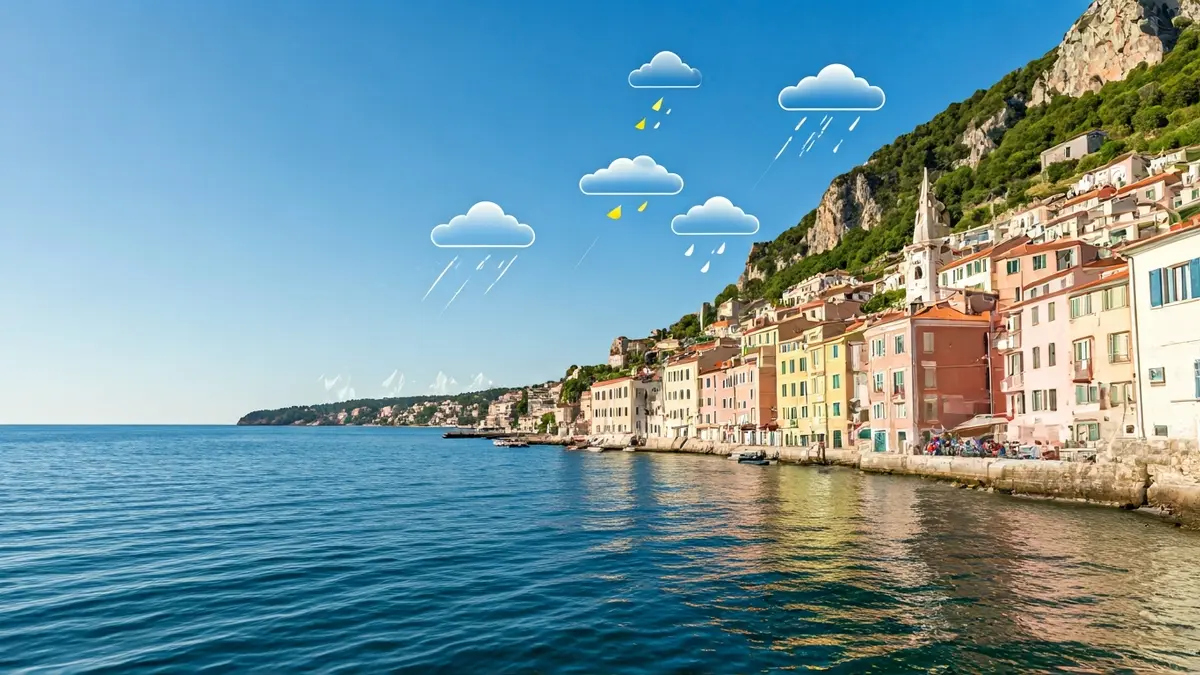 Generic image of a weather forecast with cloud and light rain symbols.