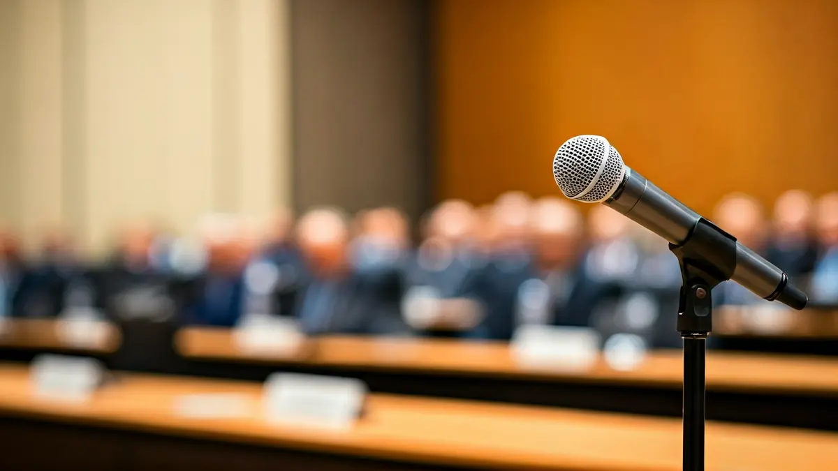 Generic image of a microphone on a podium during a public event.