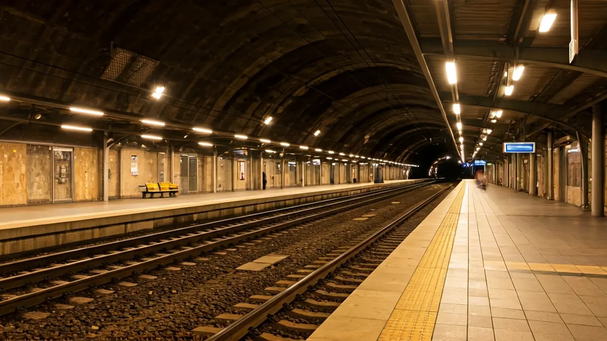 Generic image of a modern train station with blurred tracks and lights.