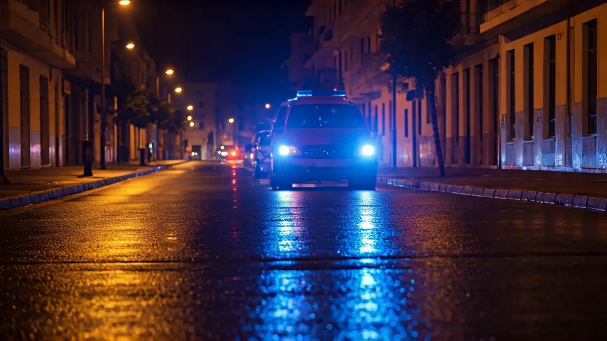 Generic image of emergency lights reflecting on wet asphalt at night.