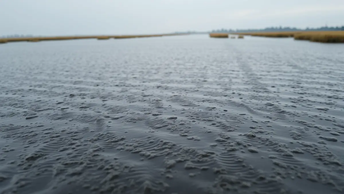 Imagen de un canal con una capa espesa de agua sucia y oscura, reflejando la contaminación.