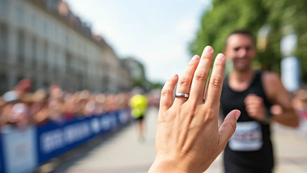 Imatge d'un anell de compromís en la mà d'un corredor a la meta d'una cursa.