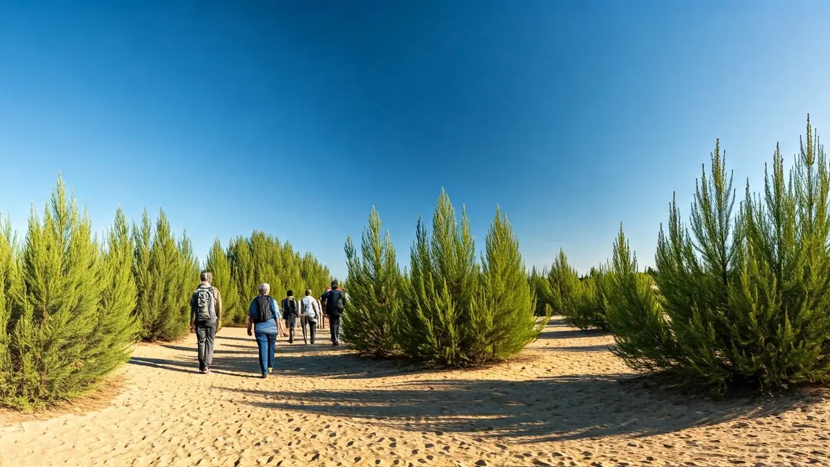 Imatge d'unes rutes teatralitzades en l'Arenal de l'Almorxó, amb participants i actors en un entorn natural de dunes.