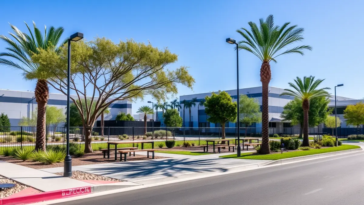 Image of a new rest area in the Salinetas industrial park in Petrer, with tables, benches, and a trompe l'oeil tree mural.