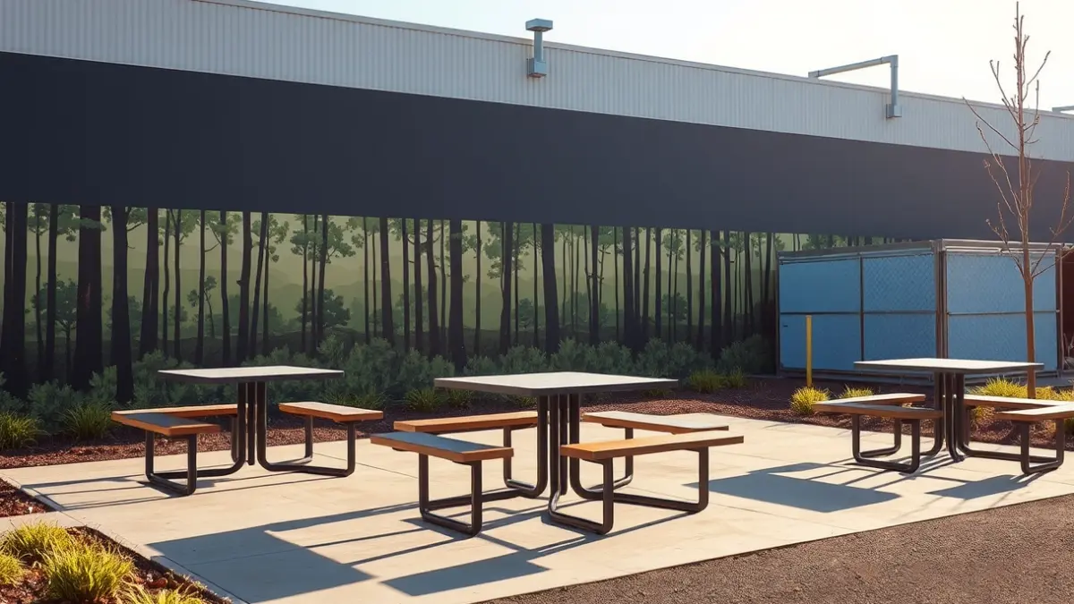 Image of a new rest area in the Salinetas Industrial Park in Petrer, with tables and benches, and a trompe l'oeil simulating a wooded area.