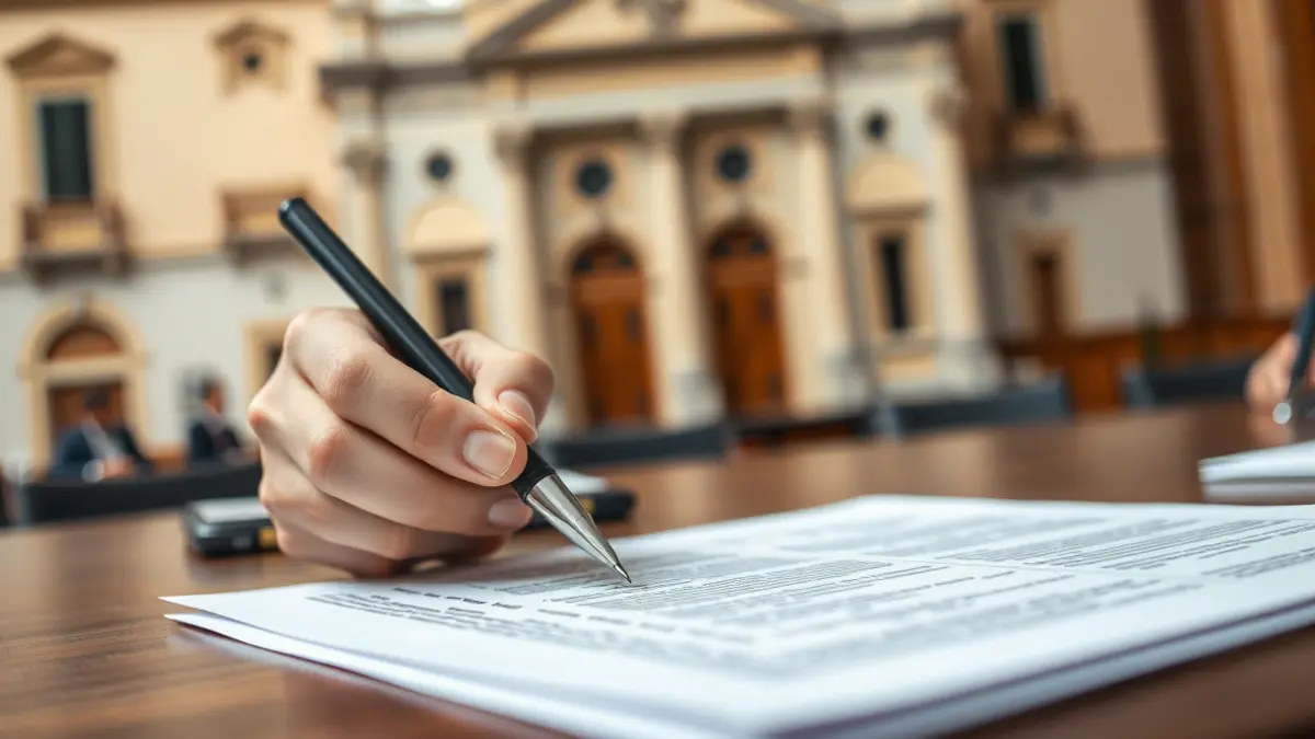 Imagen de una mano con un bolígrafo sobre un documento, con el ayuntamiento de fondo, simbolizando la toma de decisiones políticas.