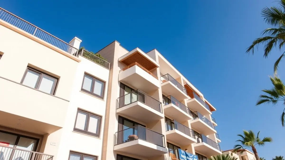 Generic image of a modern residential building with balconies and large windows.
