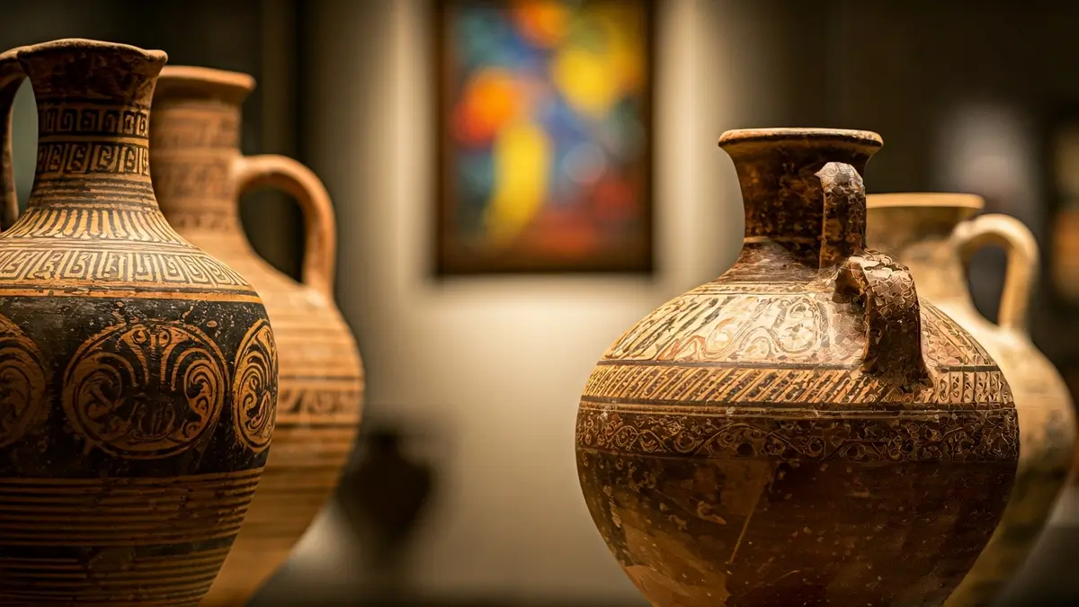 Imatge d'àmfores i copes de vi antigues en una exposició, amb obres d'art modernes difuminades al fons.
