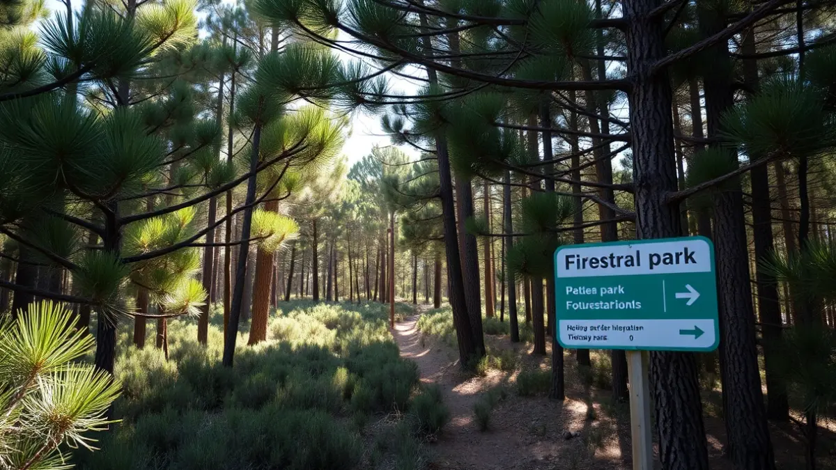 Imagen de un bosque mediterráneo con una franja de prevención de incendios, con la luz del sol filtrándose entre los árboles.