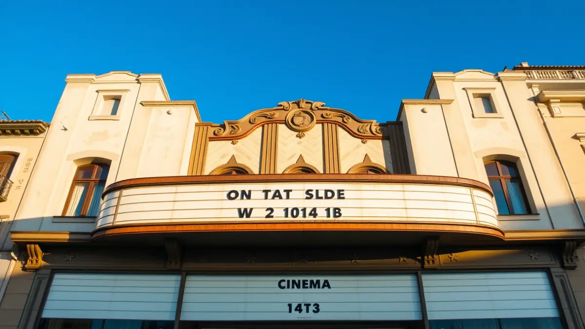 Fachada de un cine antiguo con elementos art déco, mostrando signos de la edad pero conservando su encanto histórico, bajo un cielo azul claro en una ciudad mediterránea.