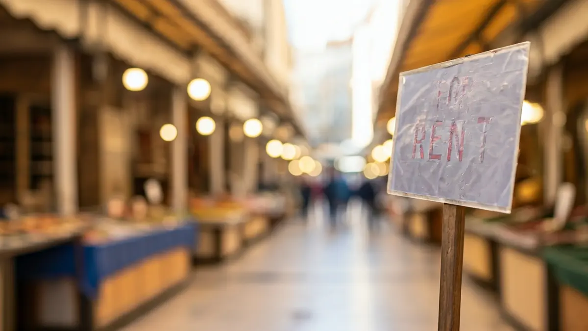 Image of an empty market stall with a 'For Rent' sign.
