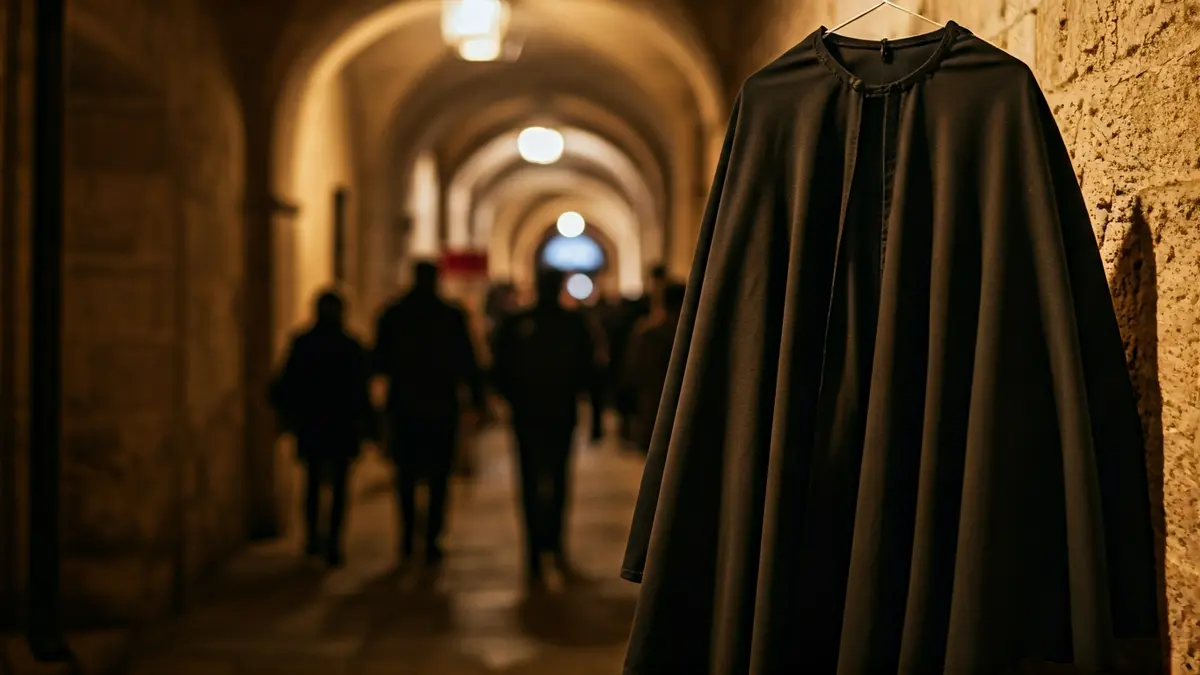 Image of a brotherhood tunic in an ancient hallway.