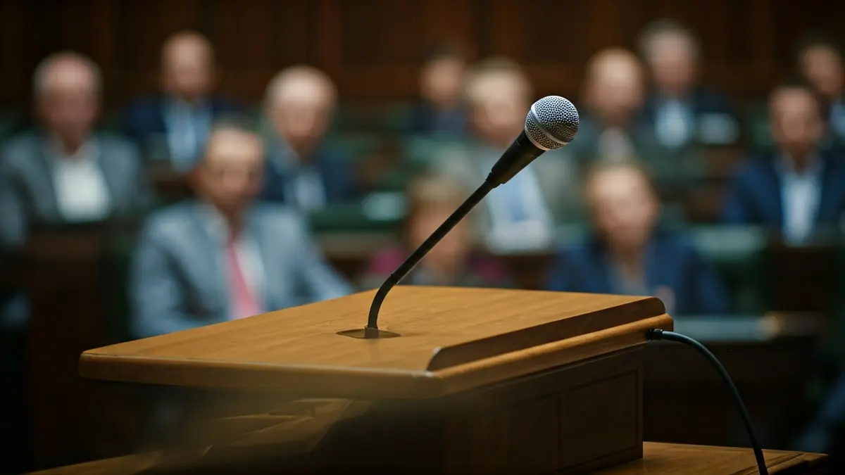 Imatge genèrica d'un micròfon en un faristol en una cambra parlamentària, amb figures borroses al fons.