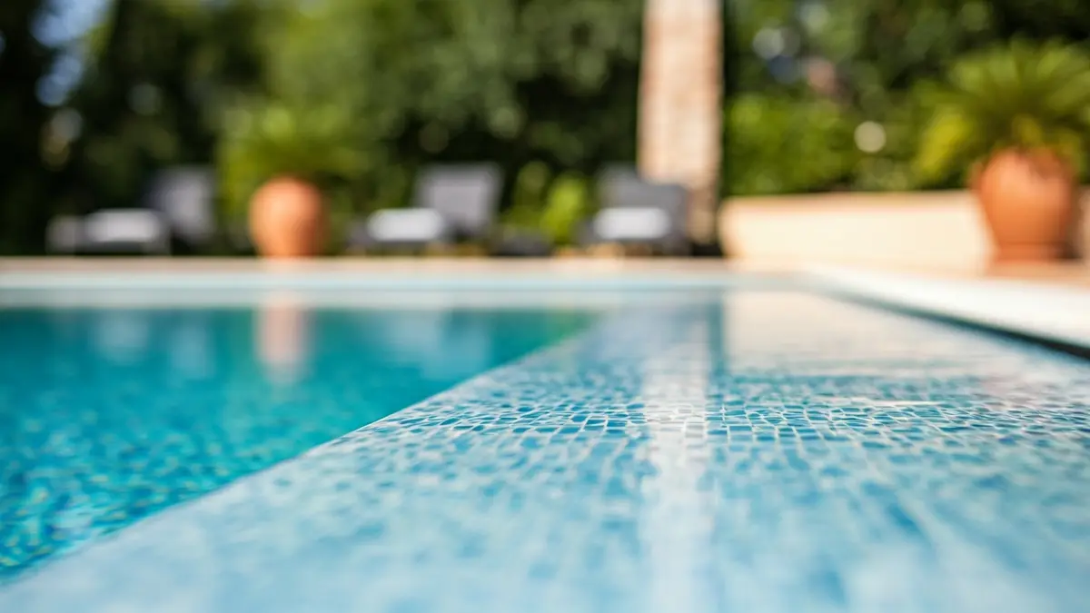 Generic image of a modern swimming pool with large format porcelain tiles and blue water.