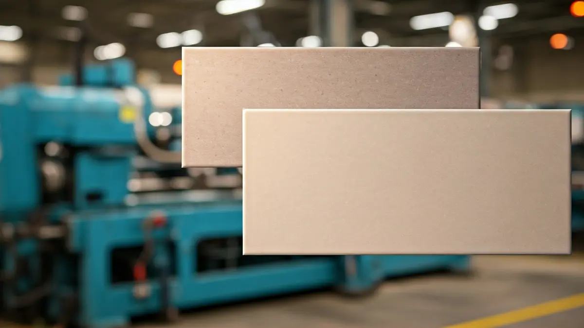 Imagen genérica de una baldosa cerámica con un patrón moderno, con maquinaria industrial desenfocada al fondo.