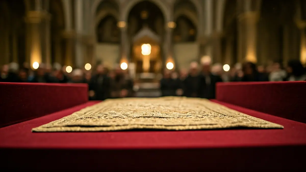 Image of an ancient relic in a monastery, with dim light.