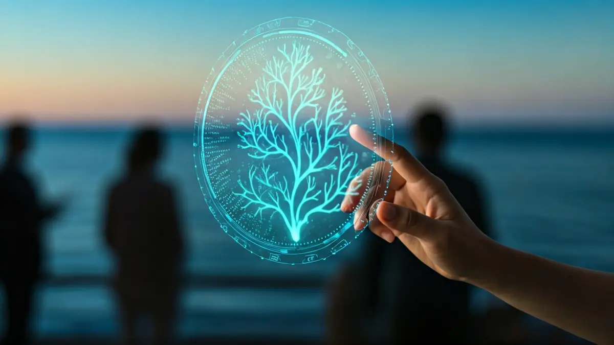 Image of a hand interacting with a holographic projection of a marine plant, with a blurred ocean background, representing artificial intelligence and sustainable development.