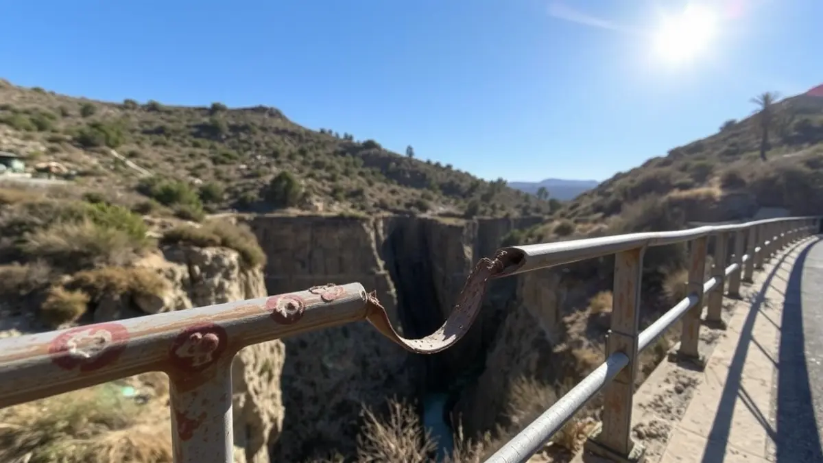 Imagen de una barandilla de puente dañada en un barranco de Dénia.