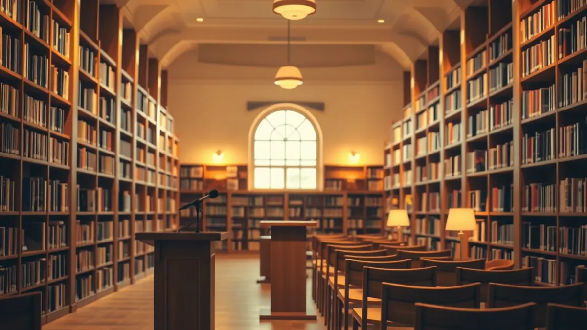 Generic image of a library interior with wooden bookshelves and a podium with a microphone, with a warm reading atmosphere.