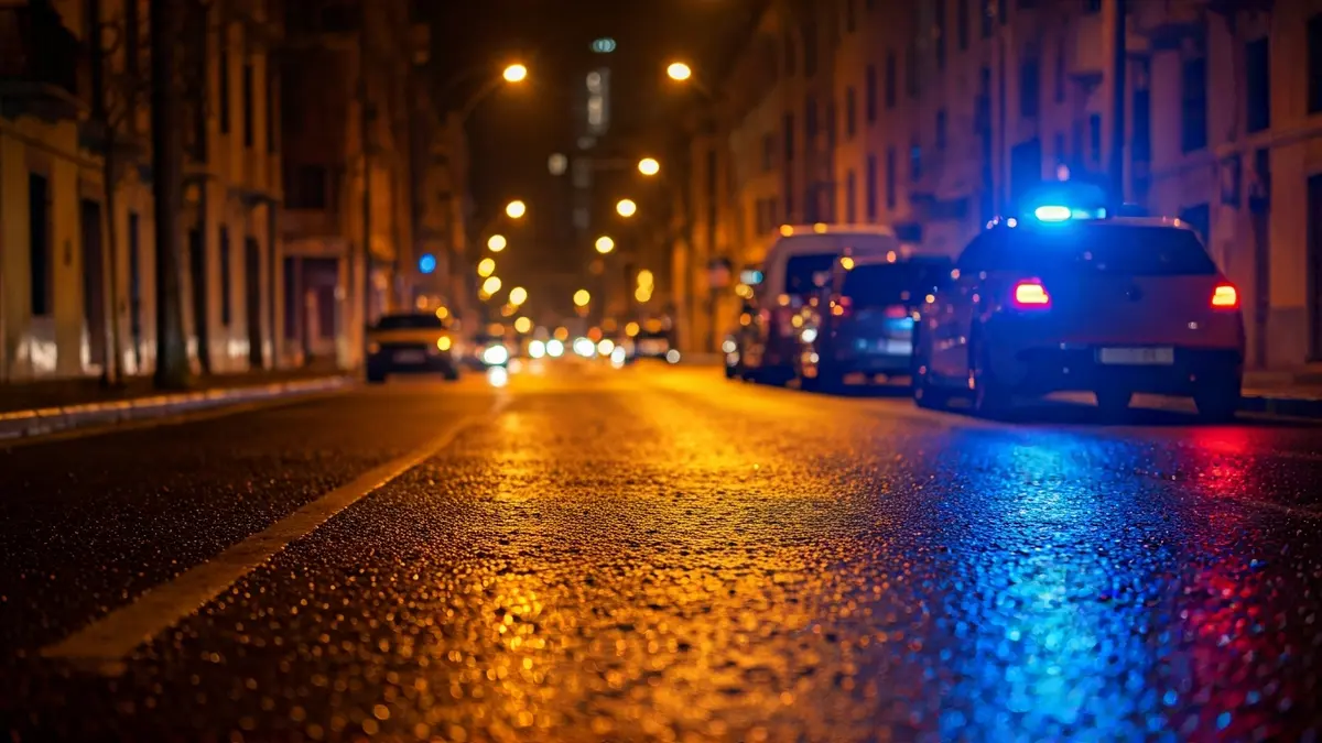 Imagen genérica de luces de emergencia reflejándose sobre asfalto mojado de noche.
