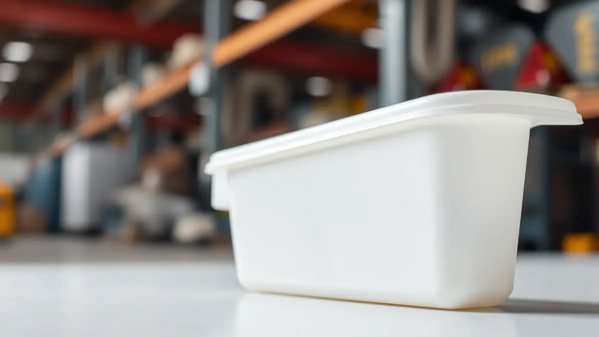 Imatge genèrica d'una peça de polietilé fabricada per rotomoldeig, amb un fons industrial desenfocat.
