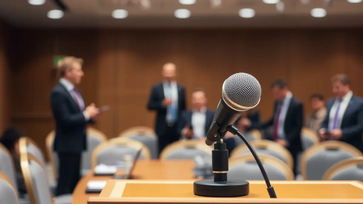 Generic image of a microphone on a podium, symbolizing a meeting or negotiation.